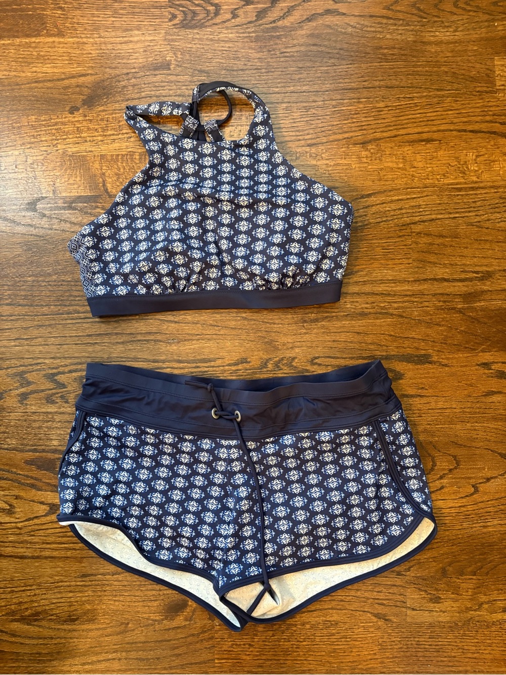Athleta Navy Floral High-Neck Bikini Top & Matching Boardshorts 34D/ M